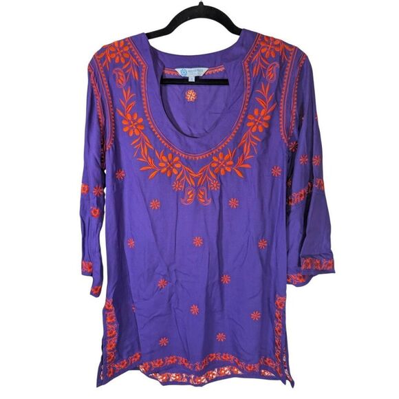 Escapada Purple Tunic Top Red/Orange Floral Embroidery Women’s Size Small - Picture 1 of 5